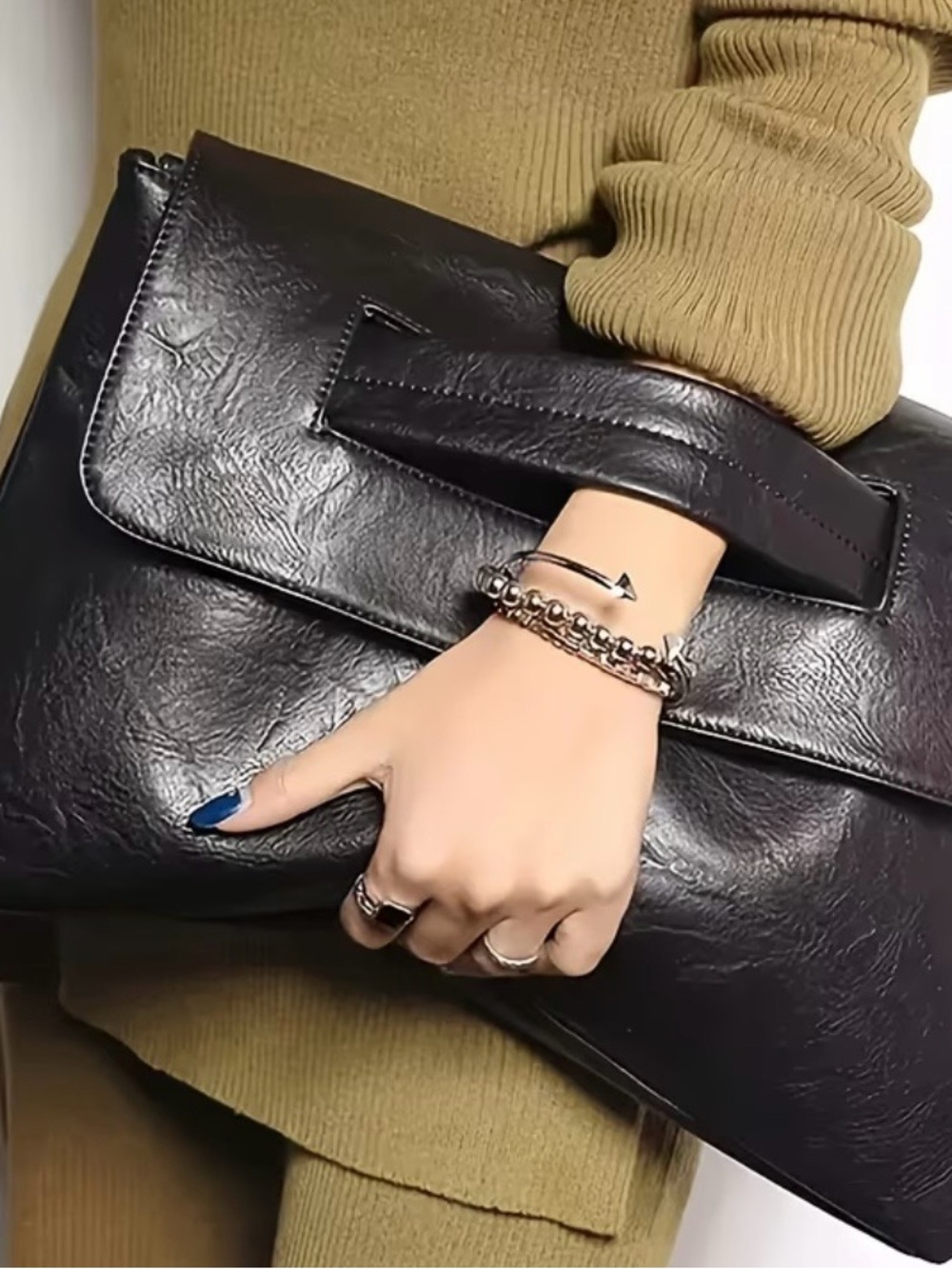 Black Women's Oversized Leather Clutch Bag